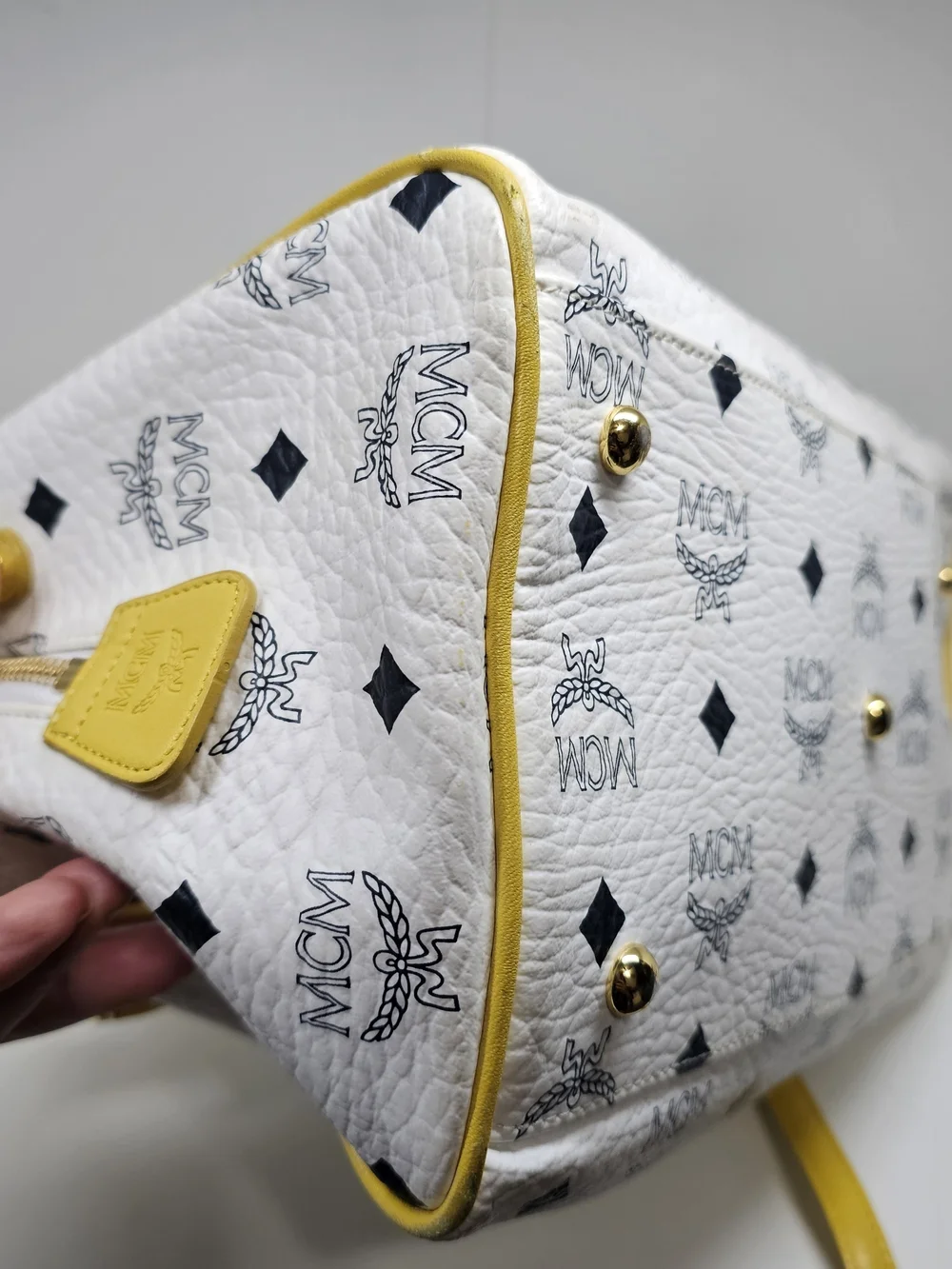 MCM White & Yellow Logo Satchel